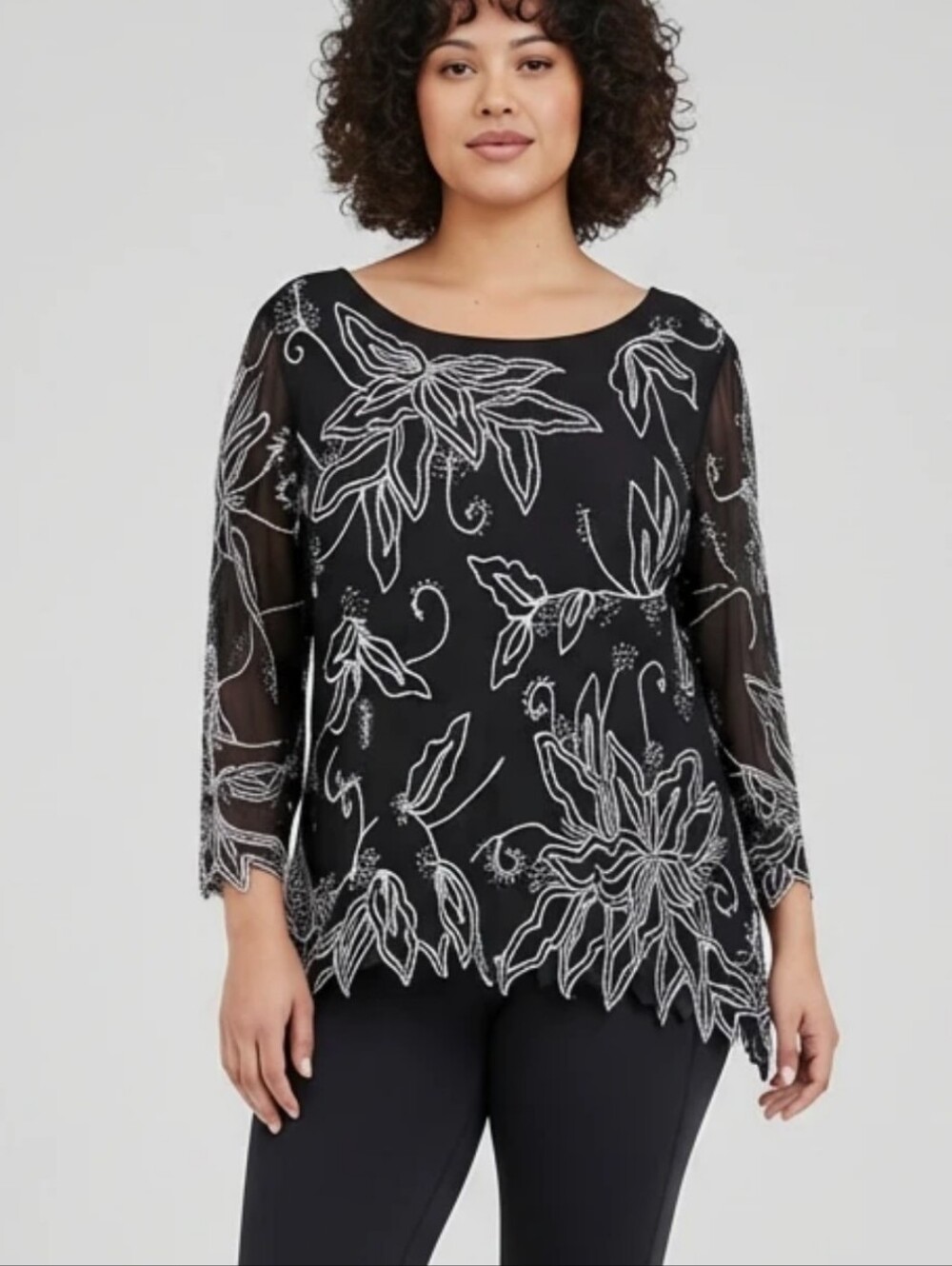 JKara Cowl Neck Black Beaded Floral Party Formal Gorgeous Blouse Top Plus Sz 2X